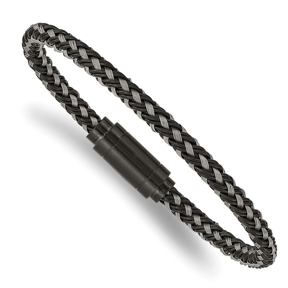 Kazi Luxury Stainless Steel Polished Black IP Braided Wire & Rubber 8.25in
